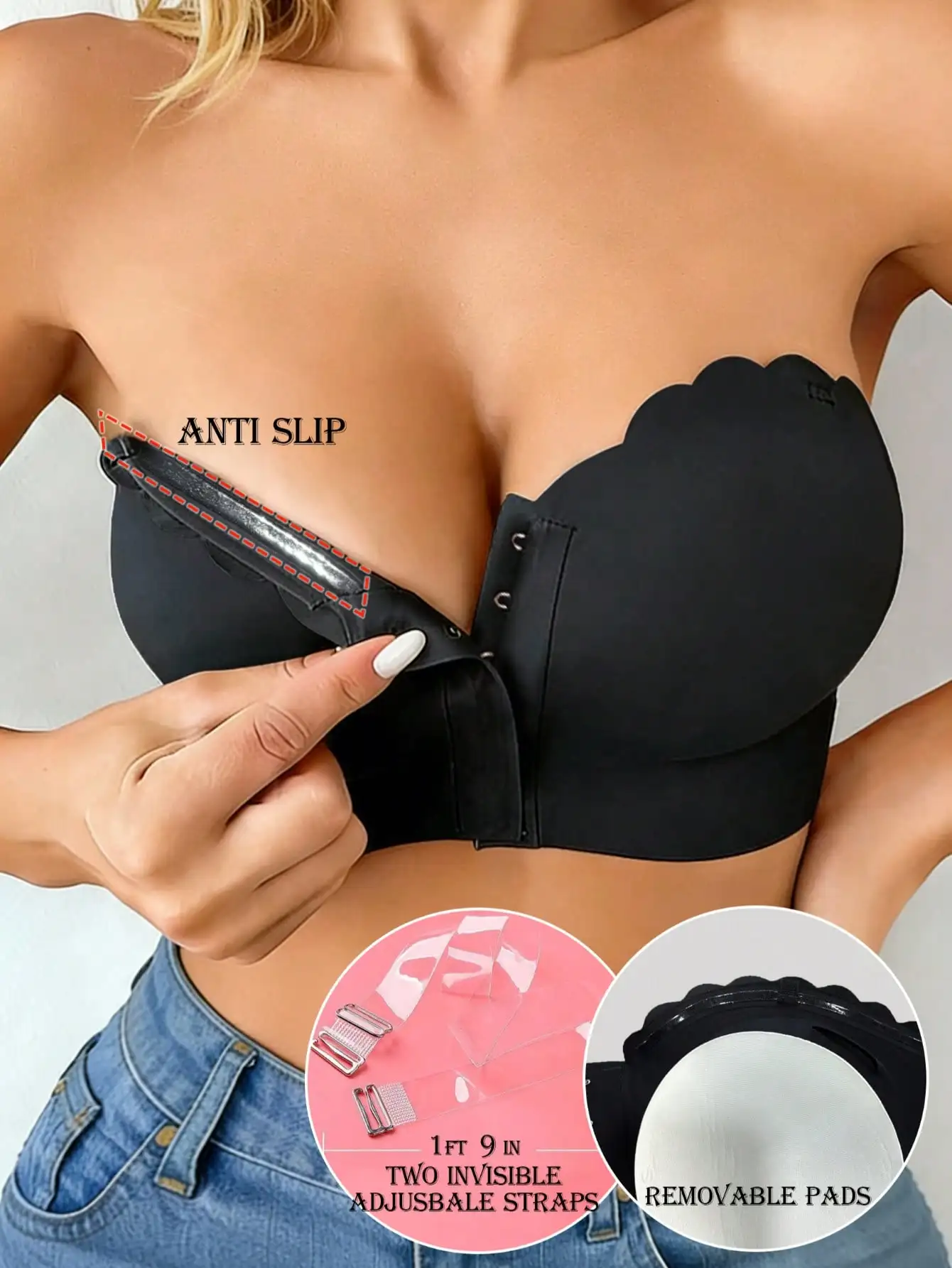 Women Front Closure Push Up Anti Slip Bandeau Tube Solid Black Basic Bandeau Bra Removable Pads Invisible Straps Crop Top