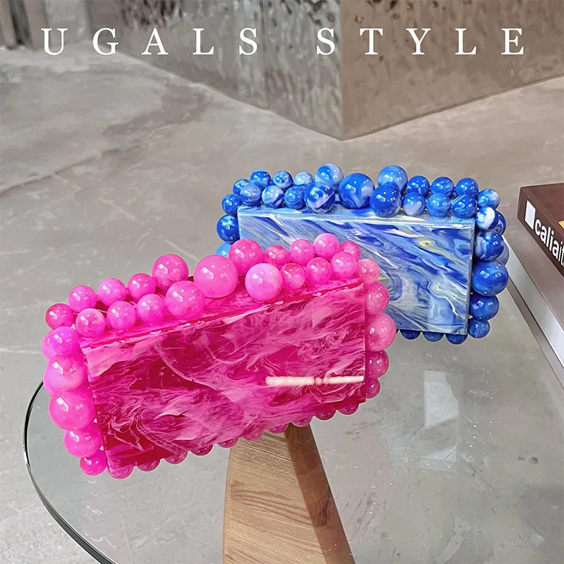 Luxury Designer Beaded Striped Acrylic Square Box Evening Bag Wedding Party Clutch Purse Women's Handbag Shoulder Messenger Bag