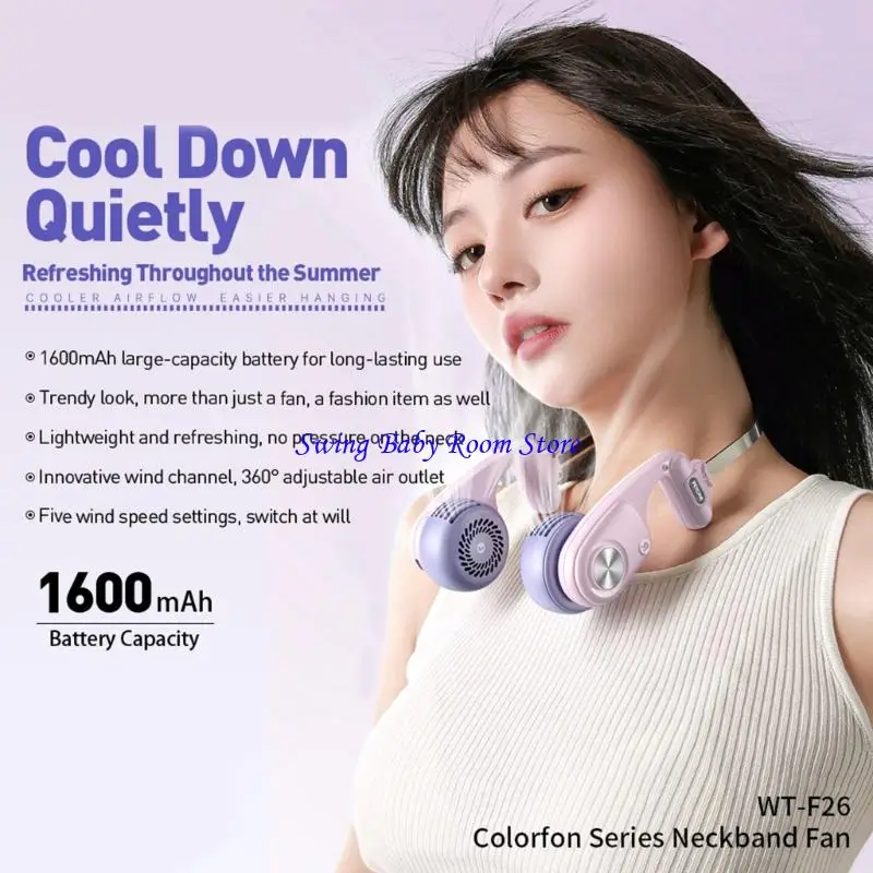 

K1AD Эргономичный шейный носимый вентилятор регулируемый воздушный поток 1600 мАч USB Перезаряжаемая портативное охлаждающее для