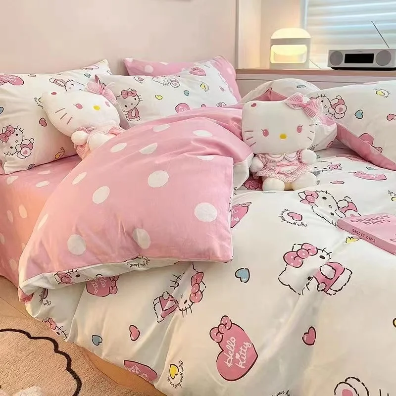 Ins Spring Love Washed Cotton Cute Simple Pink Bed Set Four piece Dormitory Quilt Cover Bed Sheet Bedding Products