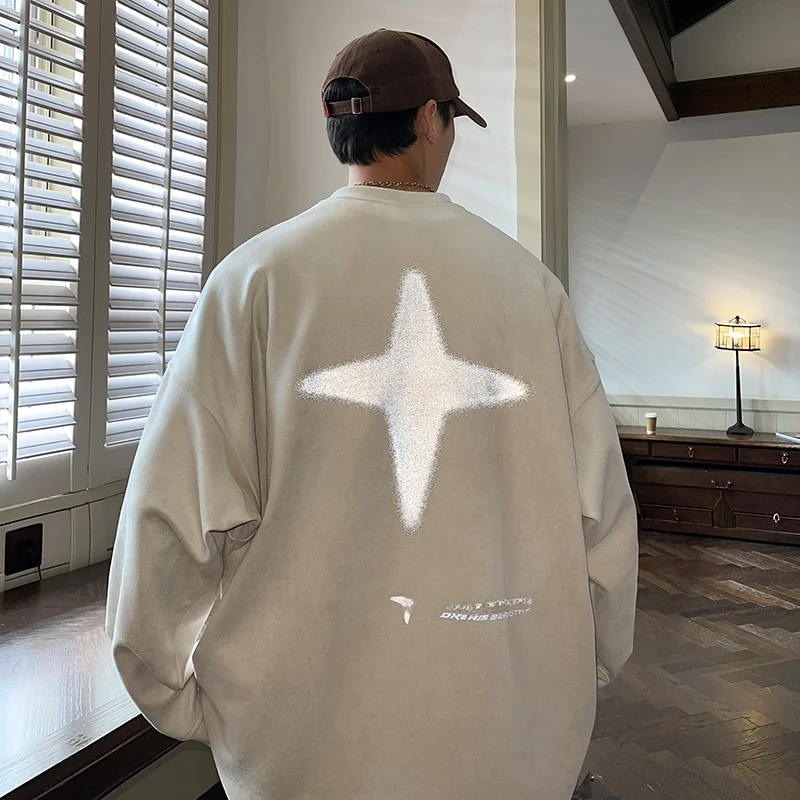 

Мужской свитшот свободного кроя с круглым вырезом, из велюра под оленью кожу, плотный, в стиле ретро, для уличной моды, весна-осень, повседневный, комфортный