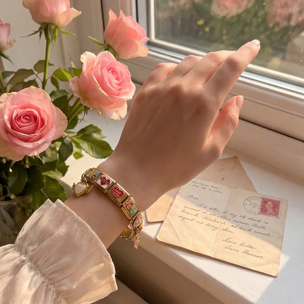 Italian Stainless Steel Love Heart Charms Combination Module Gold Color Bracelet for Lover Gift Eelastic Setachable Strap Chain