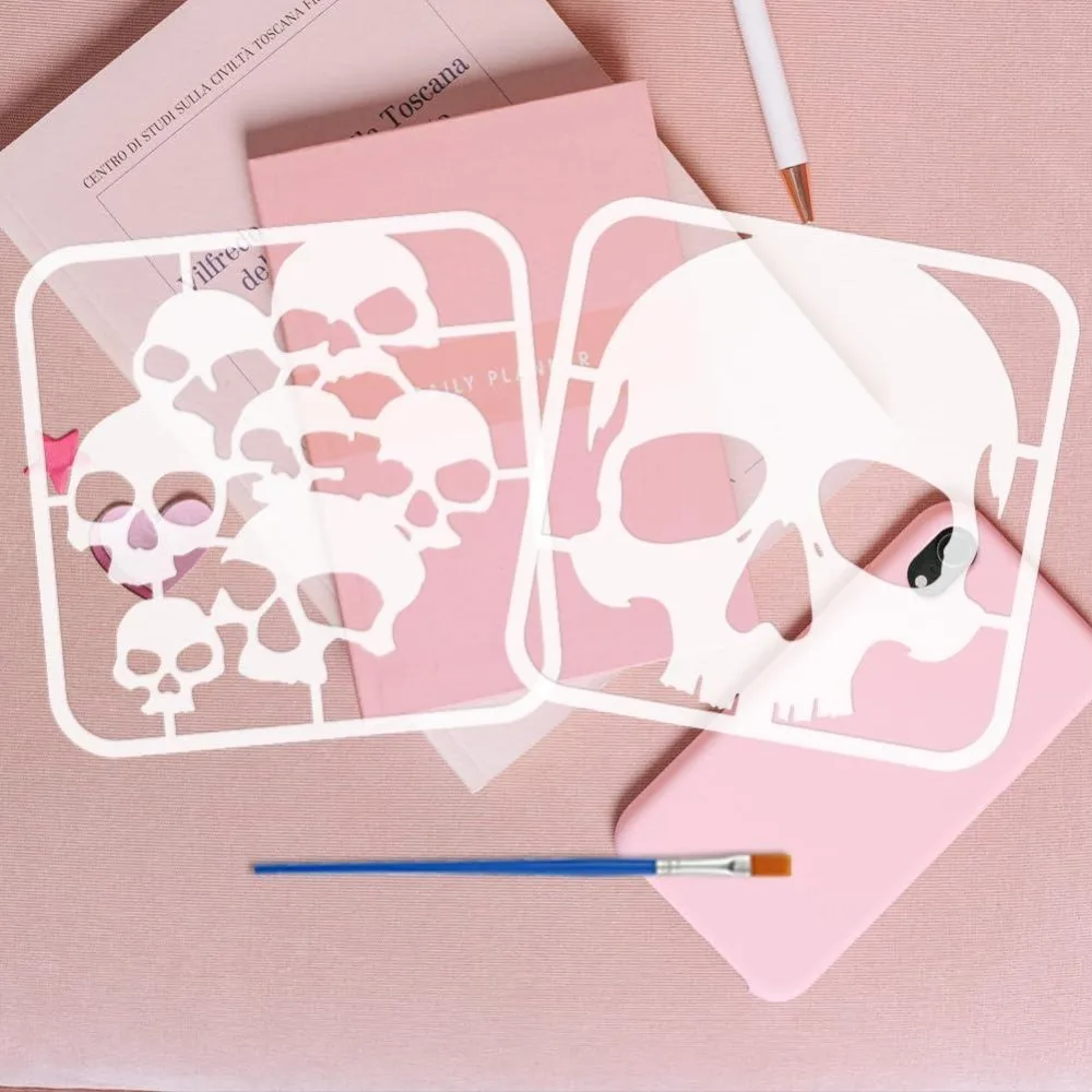 2 Pcs Pattern Stencils with Brush 5.9x5.9inches Plastic PET Painting Stencil Skulls Horror Painting Template Multiple Painting view 3