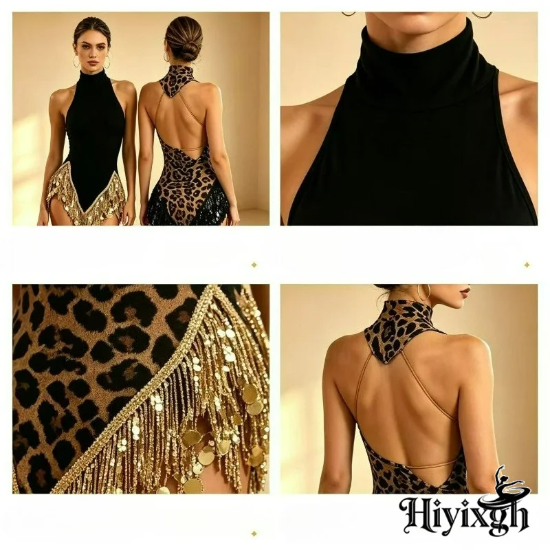 Adult Latin Dance Dress for Womens Shiny Sequines Leopard Sleeveless Fringed Skirt Competition Clothing Cha Cha Training Costume