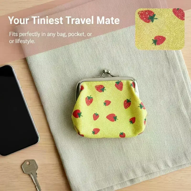 Fruit Pattern Kiss Lock Coin Purse Mini Snap Wallet Strawberry Cherry Print Small Clutch Bag For Girls Card Change Storage