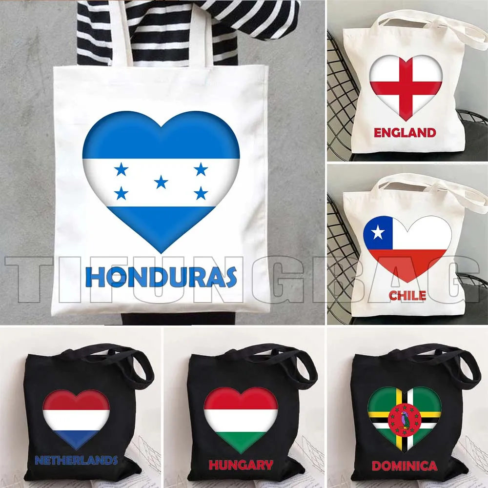 Cuba Dominica England Honduras Hungary Japan Kenya Netherlands Poland Portugal Sudan Thailand Chile Heart Flag Tote Bag Handbag