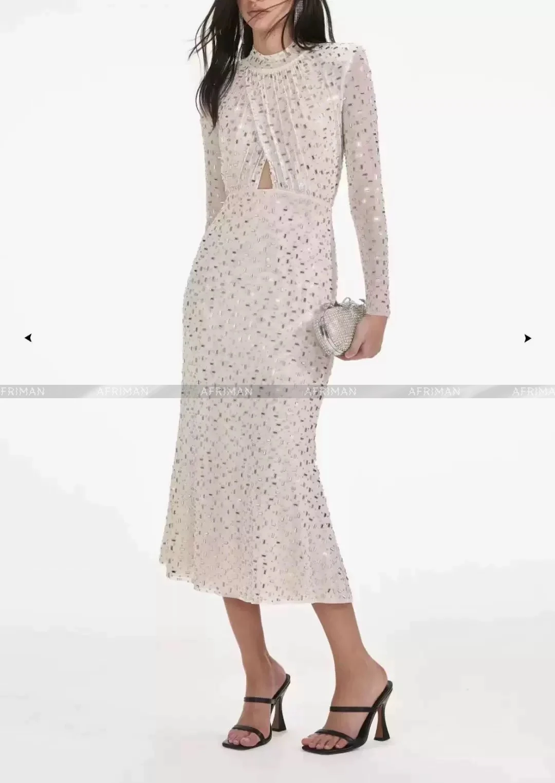 Women Stand Collar Long Sleeve Diamond Beaded Tailored Temperament Party Wear Trumpet Dress