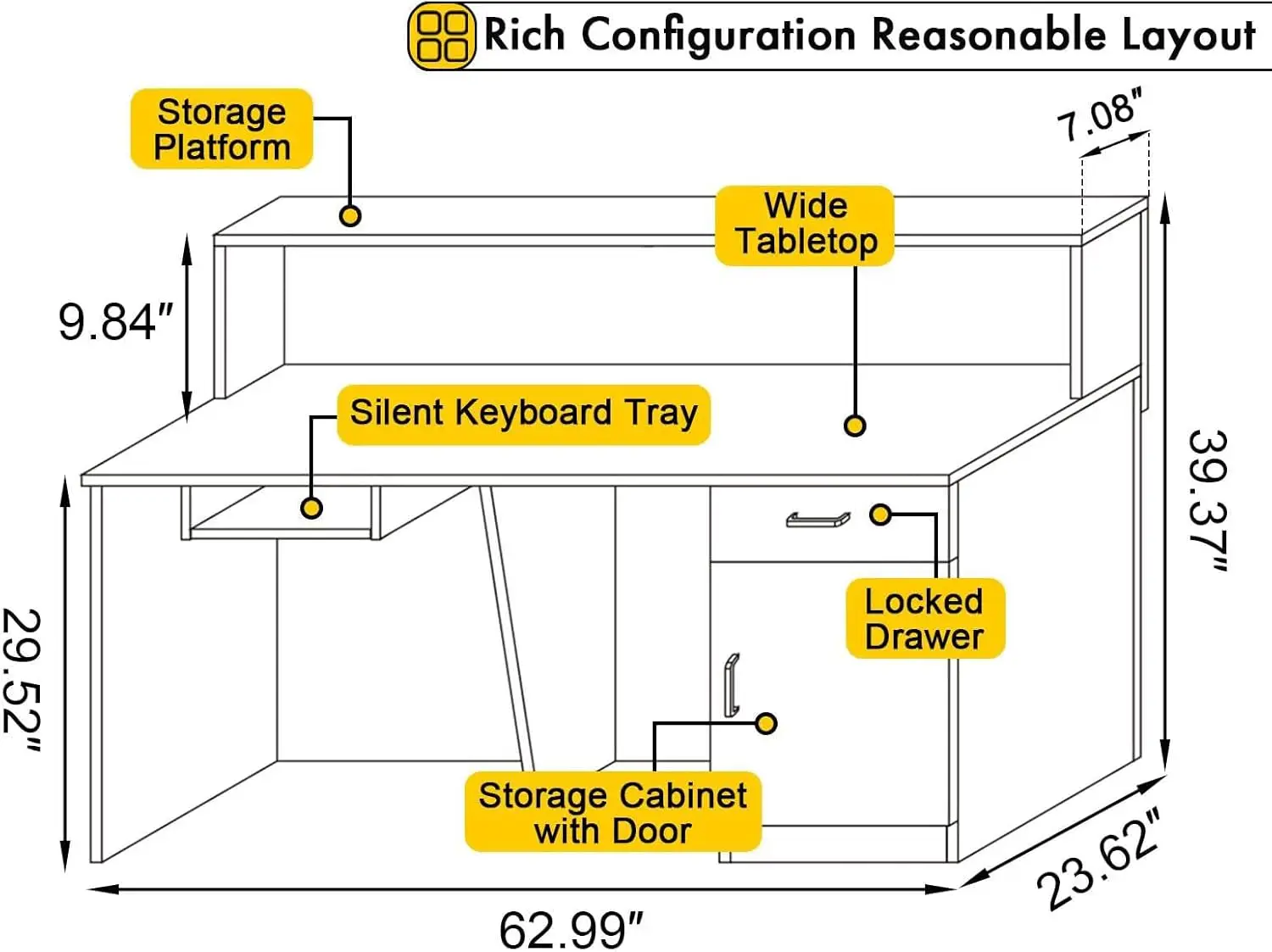 Modern Reception Desk with Counter, 63" Solid Wood Front Desk with Lockable Drawers/Cabinets/LED Light Strip.