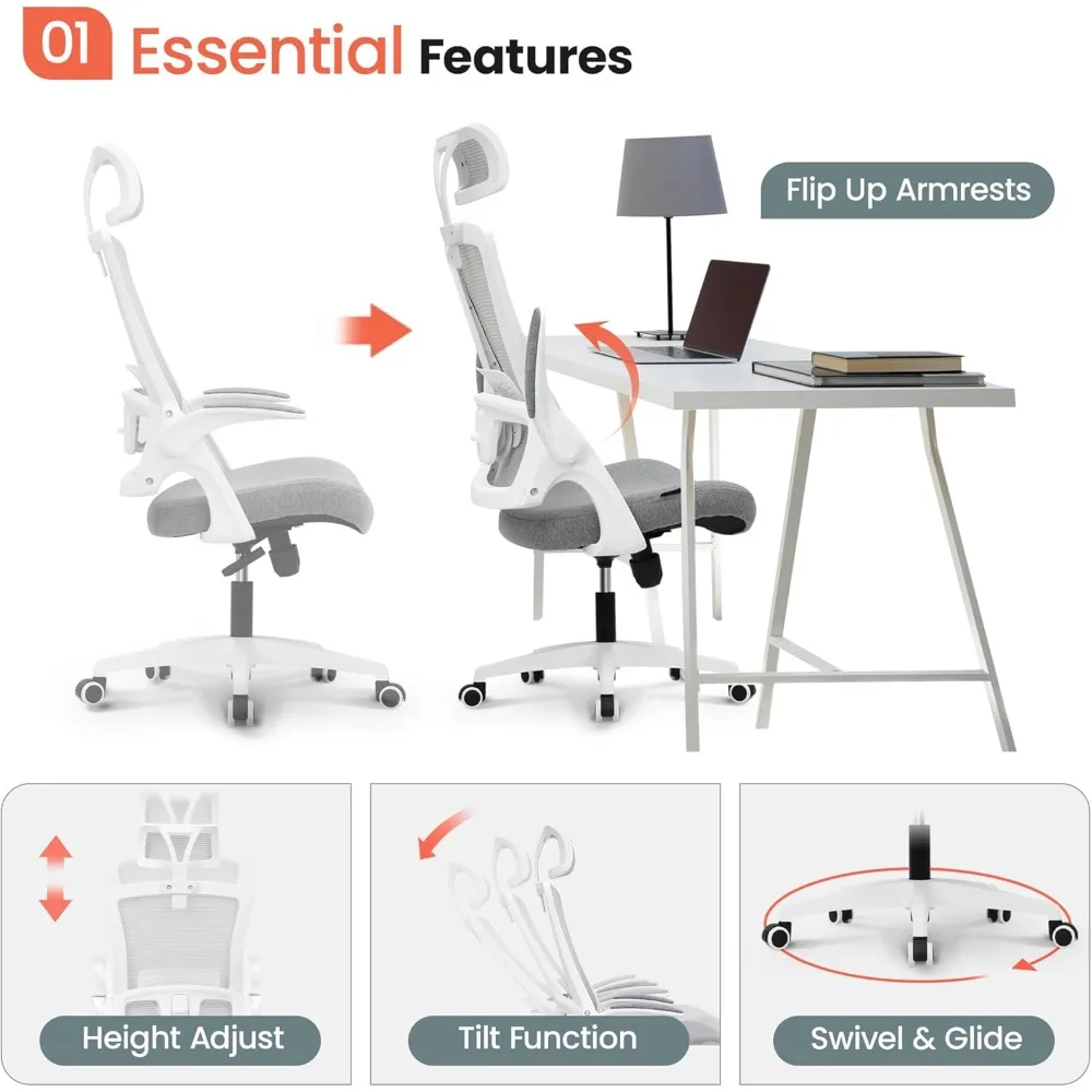 Cadeira de malha com encosto alto com encosto de cabeça, altura ajustável e design ergonômico, mesa de computador para escritório doméstico, suporte lombar executivo