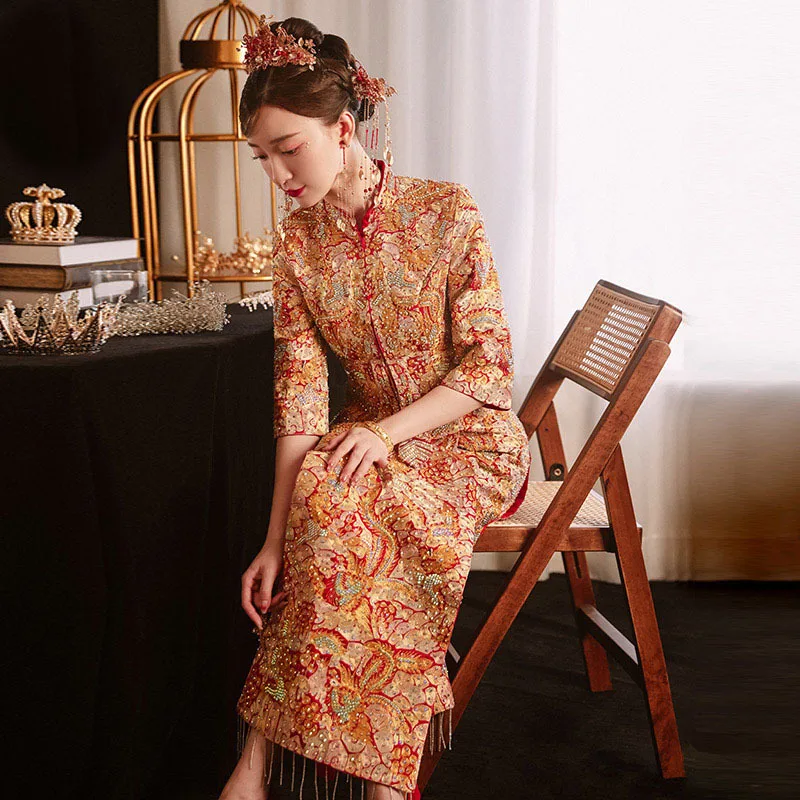 

Yourqipao Китайская одежда Xiuhe 2023, новые свадебные платья с драконом и фениксом, традиционные древние комплекты свадебных платьев Cheongsams