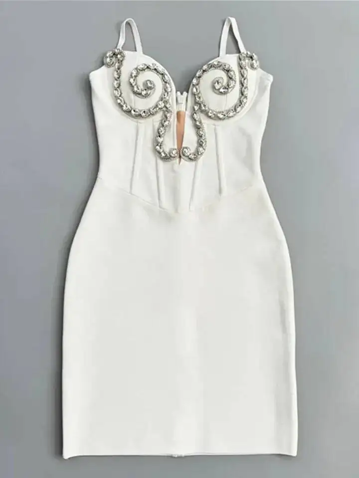 LEOSOXS 2025 mujeres celebridad Sexy sin mangas espalda descubierta diamante blanco Mini ceñido al cuerpo vendaje vestido elegante traje de fiesta y Club nocturno