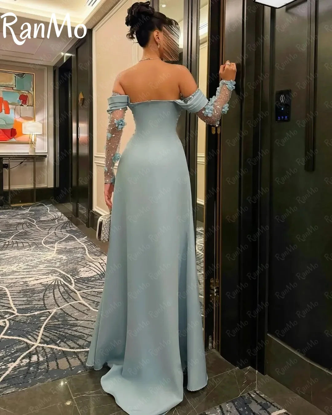 فستان سهرة جديد من Ranmo مصنوع من الدانتيل باللون الأزرق على شكل حرف a بدون أكتاف وأكمام طويلة ثلاثية الأبعاد للمناسبات الخاصة Fساتين Sheer