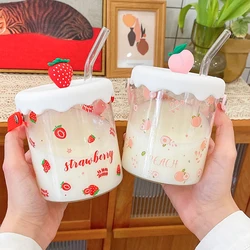 Kawaii Strawberry Peach Glass Cup For Coffee Water Juice Milk Tea Creative Fruit Portable Glass Cups With Lid Straw Scale Handle