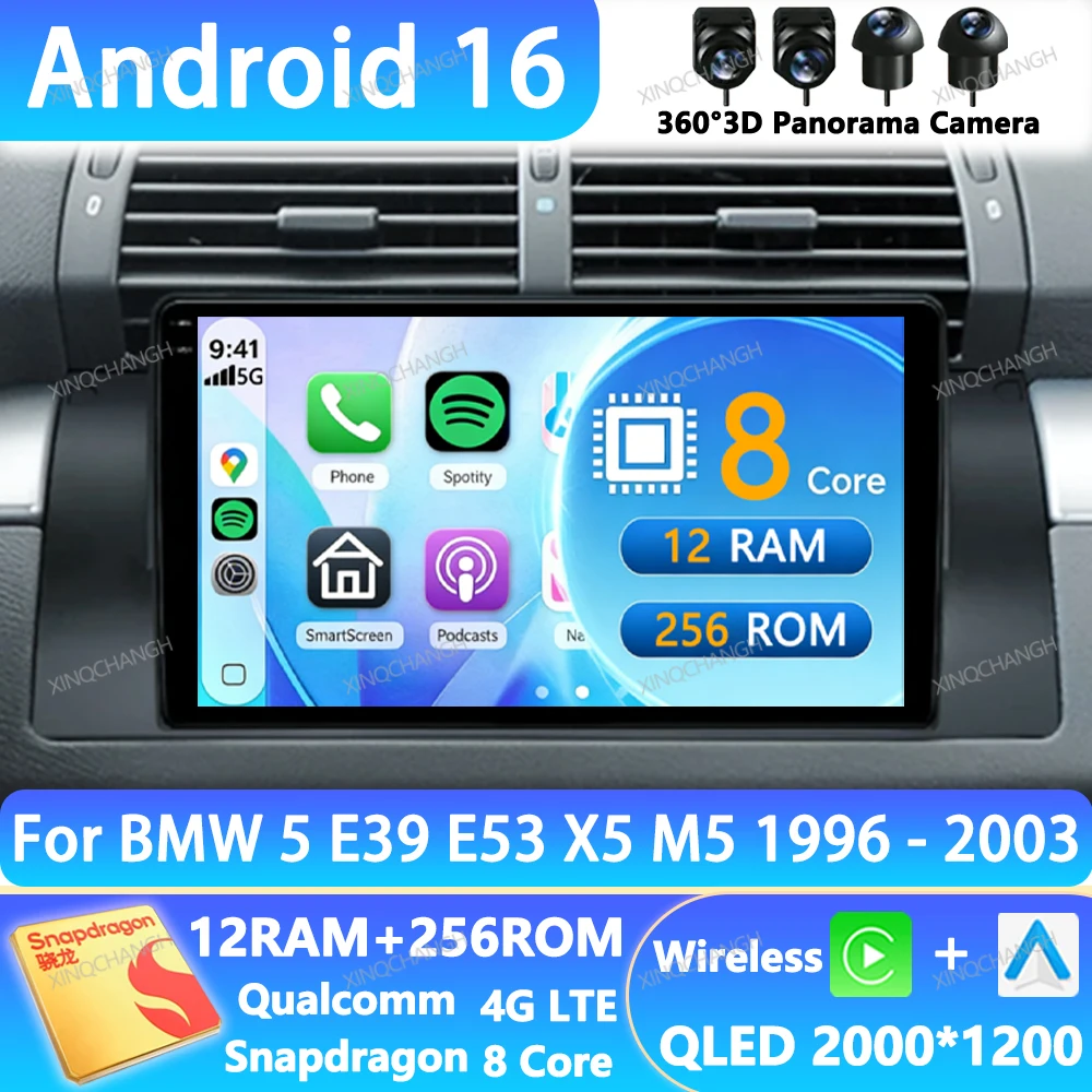 Android 16 Car Radio  For BMW 5 E39 1996 - 2003 E53 X5 M5 Qualcomm QLED BT 2DIN 4G LTE 5G WIFI Head Unit GPS Navigation BT GPS