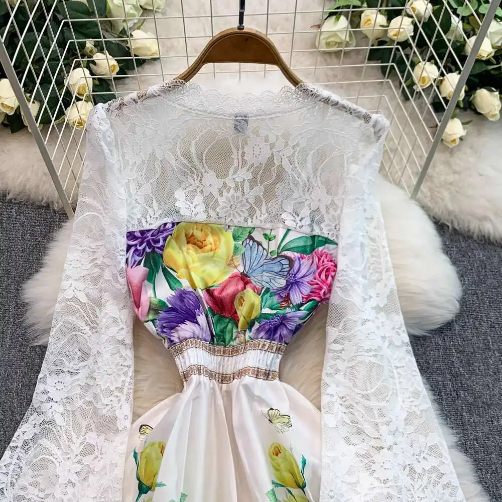 Elegante Formale Stickerei Abendkleid Frauen Sommer Herbst Aushöhlen Langarm Spitze Floral Maxi Kleider Prom Party Vestidos