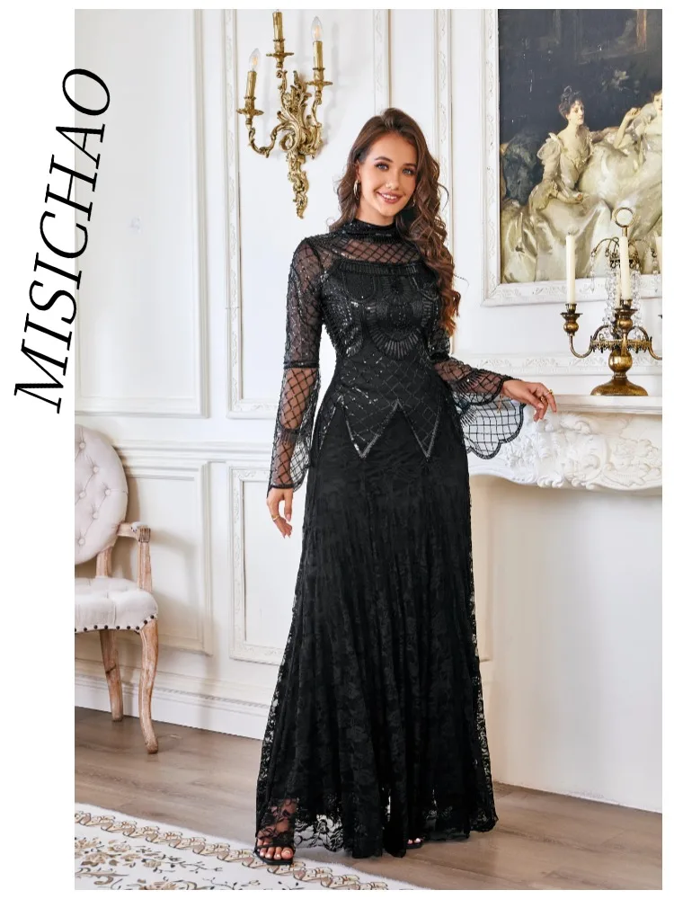 MISICHAO 2025 Black Sequin Mesh Lace Maxi Dress  i  Vintage Style for Party & Evening
