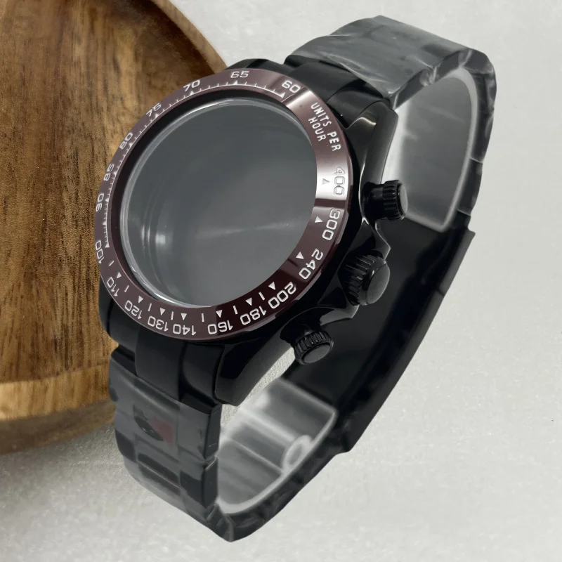 Gmoga caixa de relógio preta estilo fita pulseira de cristal de safira endlink para daytona vk63 movimento peças cerâmicas 29.5-30.5mm mostrador