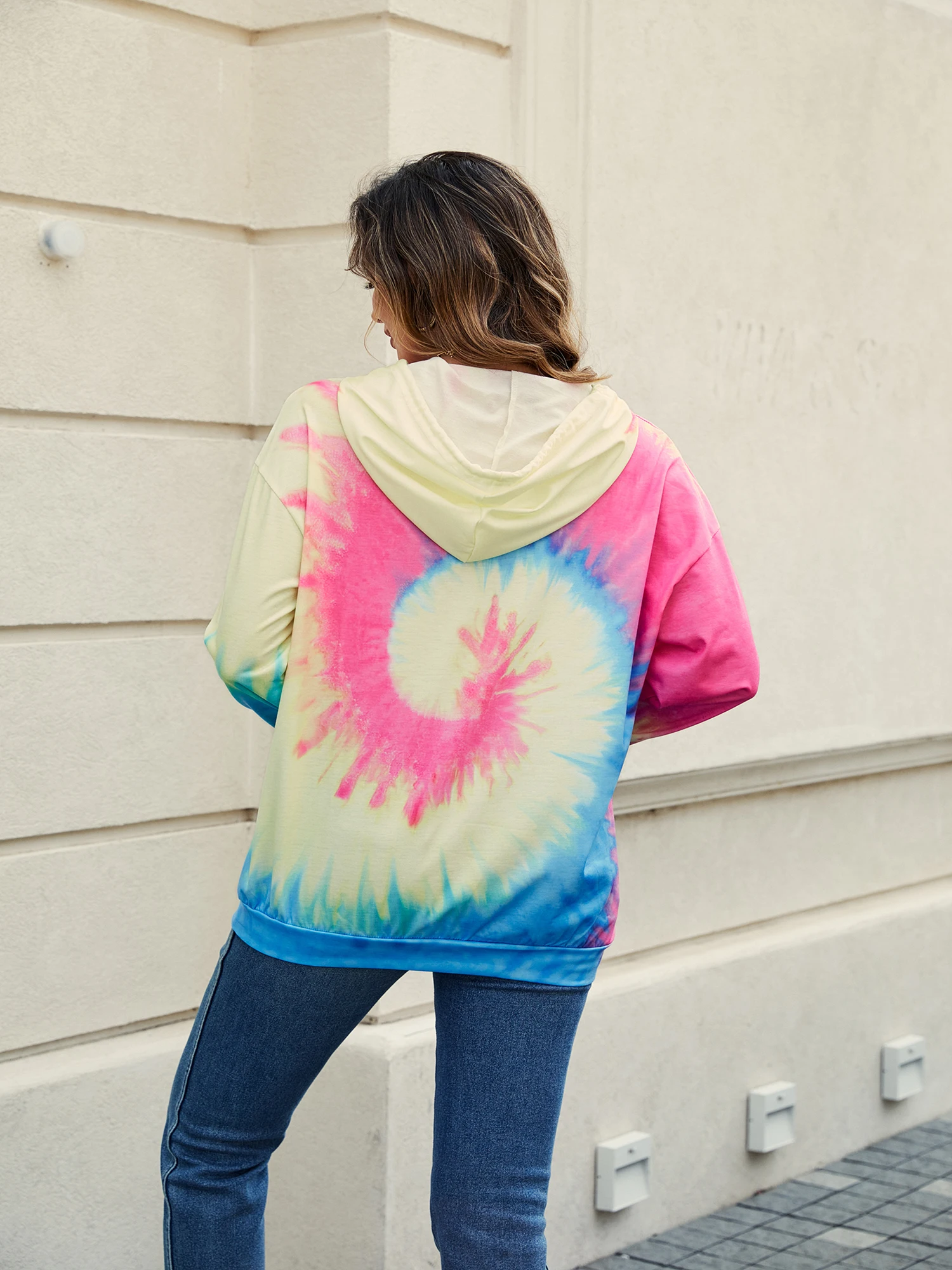 2023 Wish Cross border Spring, Autumn, and Winter New Women's Top Tie Dyed Hooded Long Sleeve Pocket Sweater in Europe and Ameri