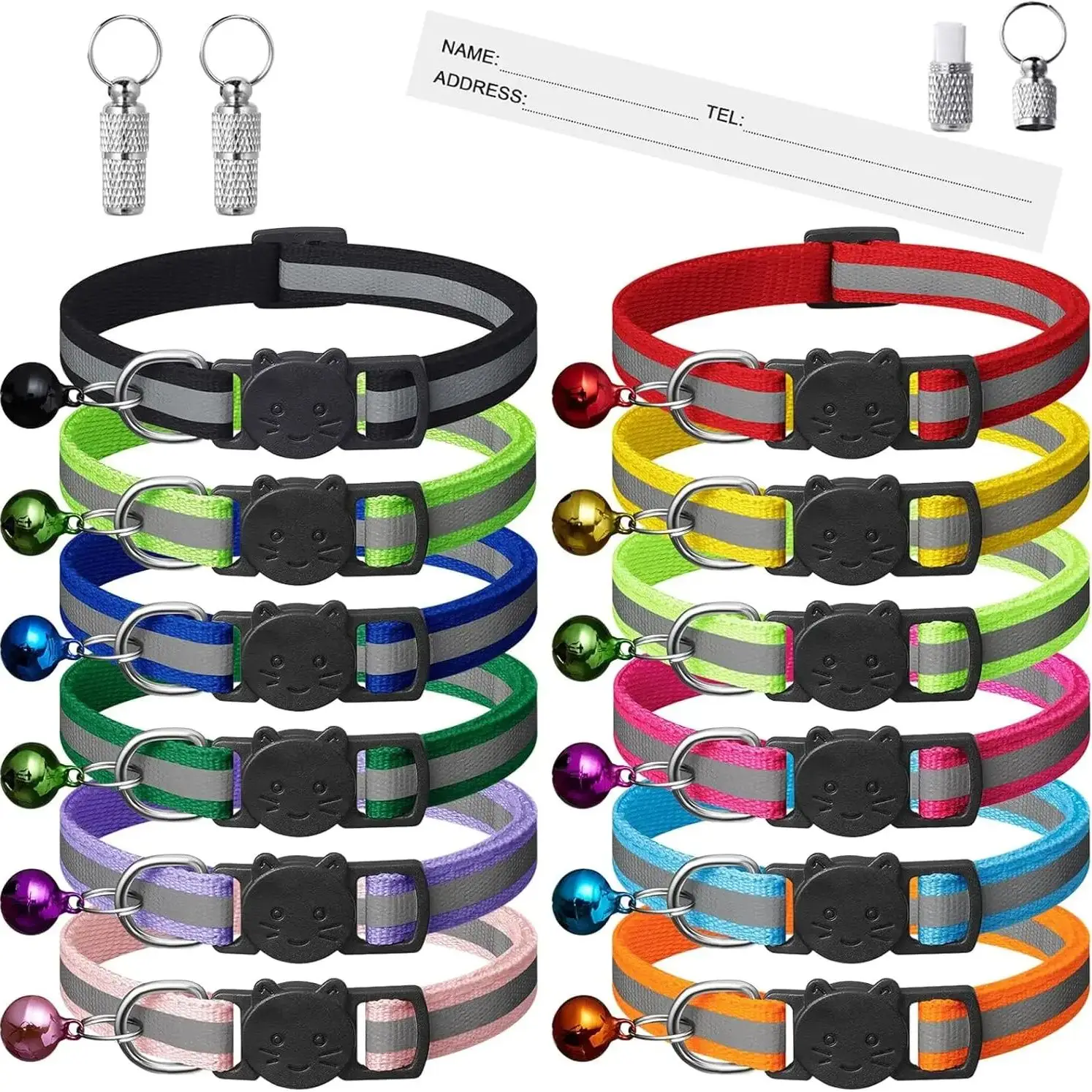 12er-Pack Reflektierende Sicherheits-Katzenhalsbänder mit Glöckchen & 2 Namensschildern, Verstellbare Sicherheitsschnalle für Weibliche und Männliche Katzen, Essentiell – Detail 1