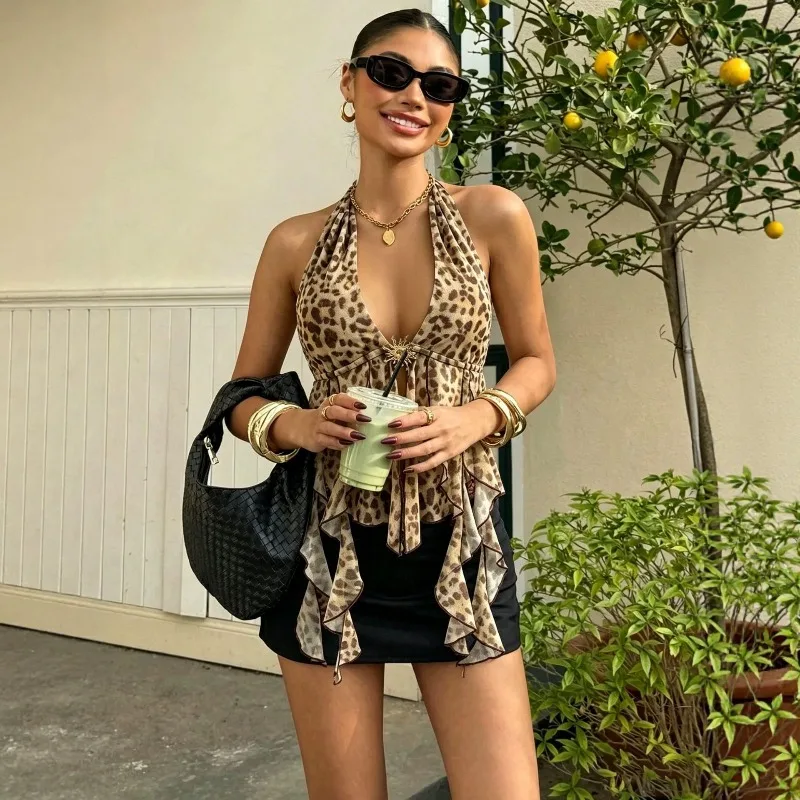 Summer A New Instagram Foreign Trade Leopard Print Slimming and Sexy Halter with An Irregular Backless Mesh Vest Top for Women
