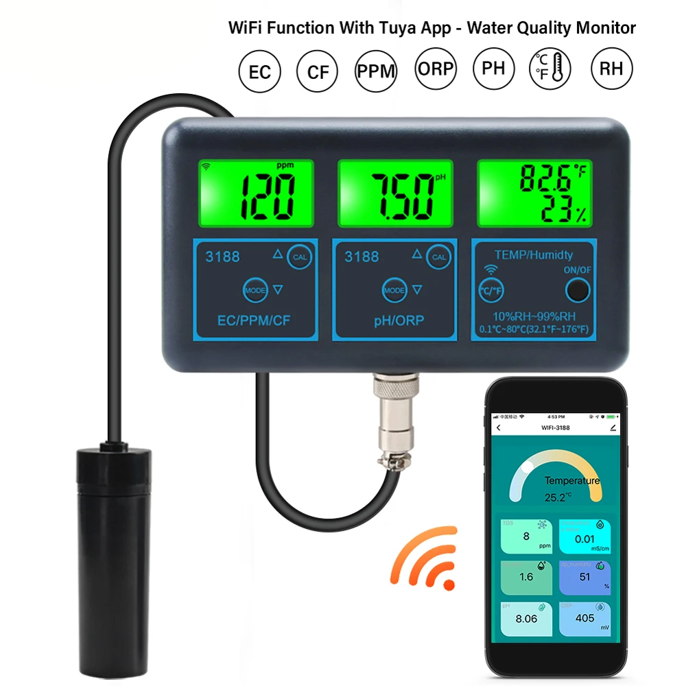 Tuya WiFi 7in1 Water Quality Tester, multi-parameter water quality analyzer, digital display PH/ORP/EC/PPM/CF