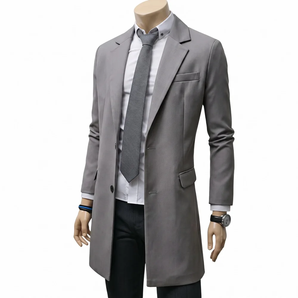 Mid Length Blazer Men Trench Coat Single Breasted Full Sleeve Lapel Blazers Evening Slim Fit Jacket Work Casual Autumn Winter
