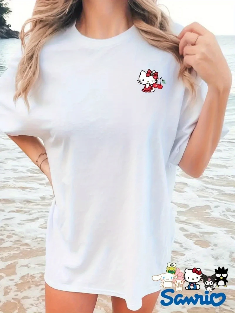 เสื้อยืดไหล่ตกพิมพ์ลายซานริโอ เฮลโล คิตตี้เสื้อคอกลมแขนสั้นลำลองทรงหลวมสำหรับเสื้อผ้าผู้หญิงฤดูใบไม้ผลิและฤดูร้อน
