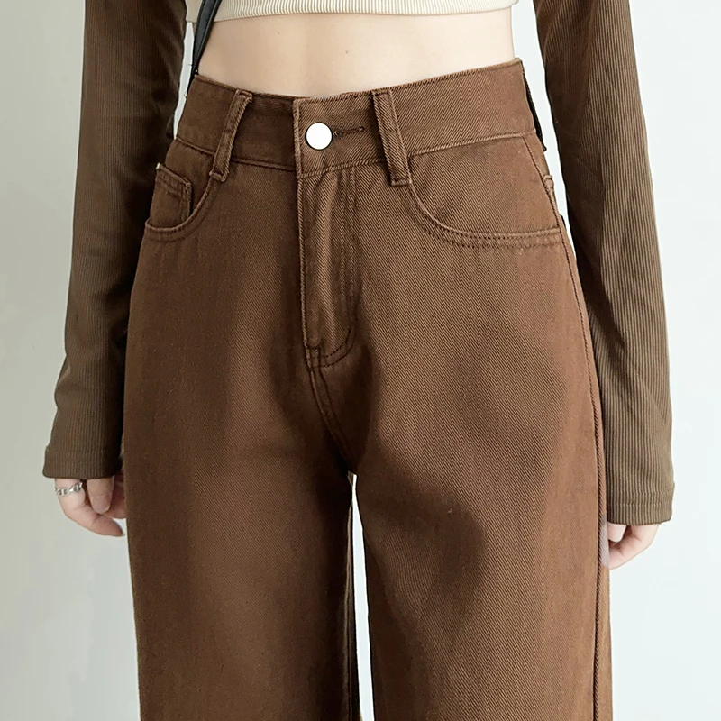 Wide Leg Mop Pants Dopamine Coffee Brown Denim Jeans Women High Waisted Straight Loose Fitting Long Pants Soft Drape