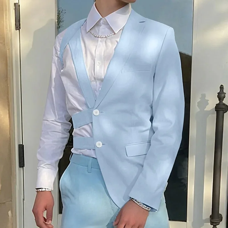 Men Coat Cross-Strap Hollowed-Out Suit-Style Jacket Fashionable Personality Solid Simple All-matching Loose Casual