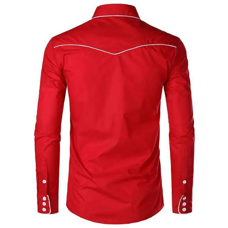 Men's Autumn Red Embroidered Shirt, Western-Style Long-Sleeve Floral Shirts, Available in Blue, White, and Black.