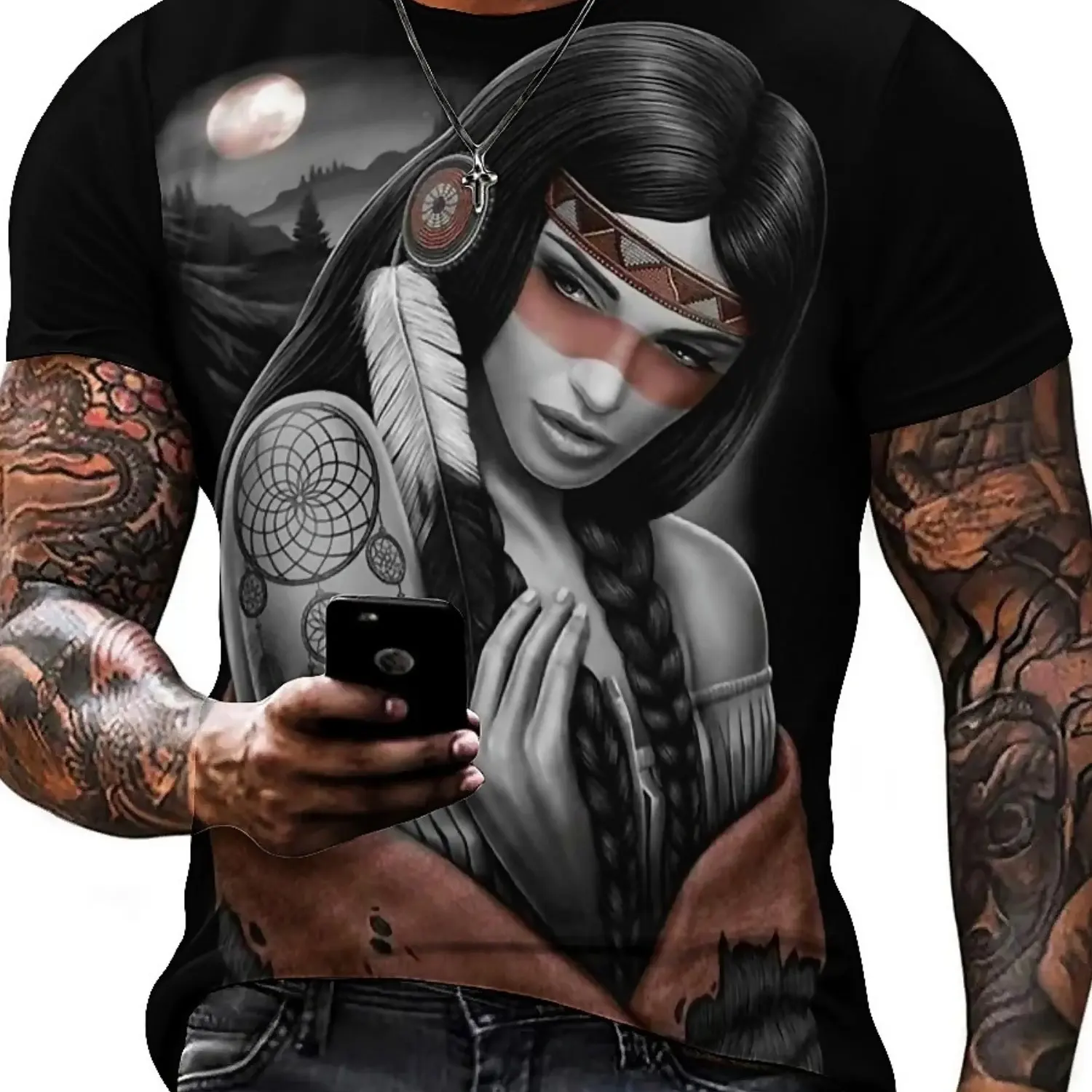Luxurious Tribal Woman 3D Print T-Shirt for Men - Gothic, Vintage Y2K Style, Polyester, Breathable, All-Season Wear