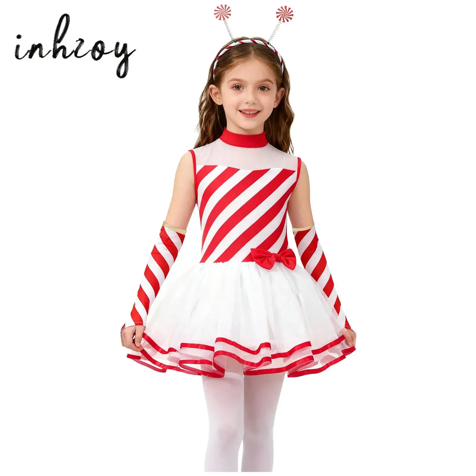

Girl's Christmas Dress 3Pcs Sleeveless Striped Mesh Tutu Leotard Dress+Oversleeves+Hair Hoop Headband for Xmas Party Dress-up