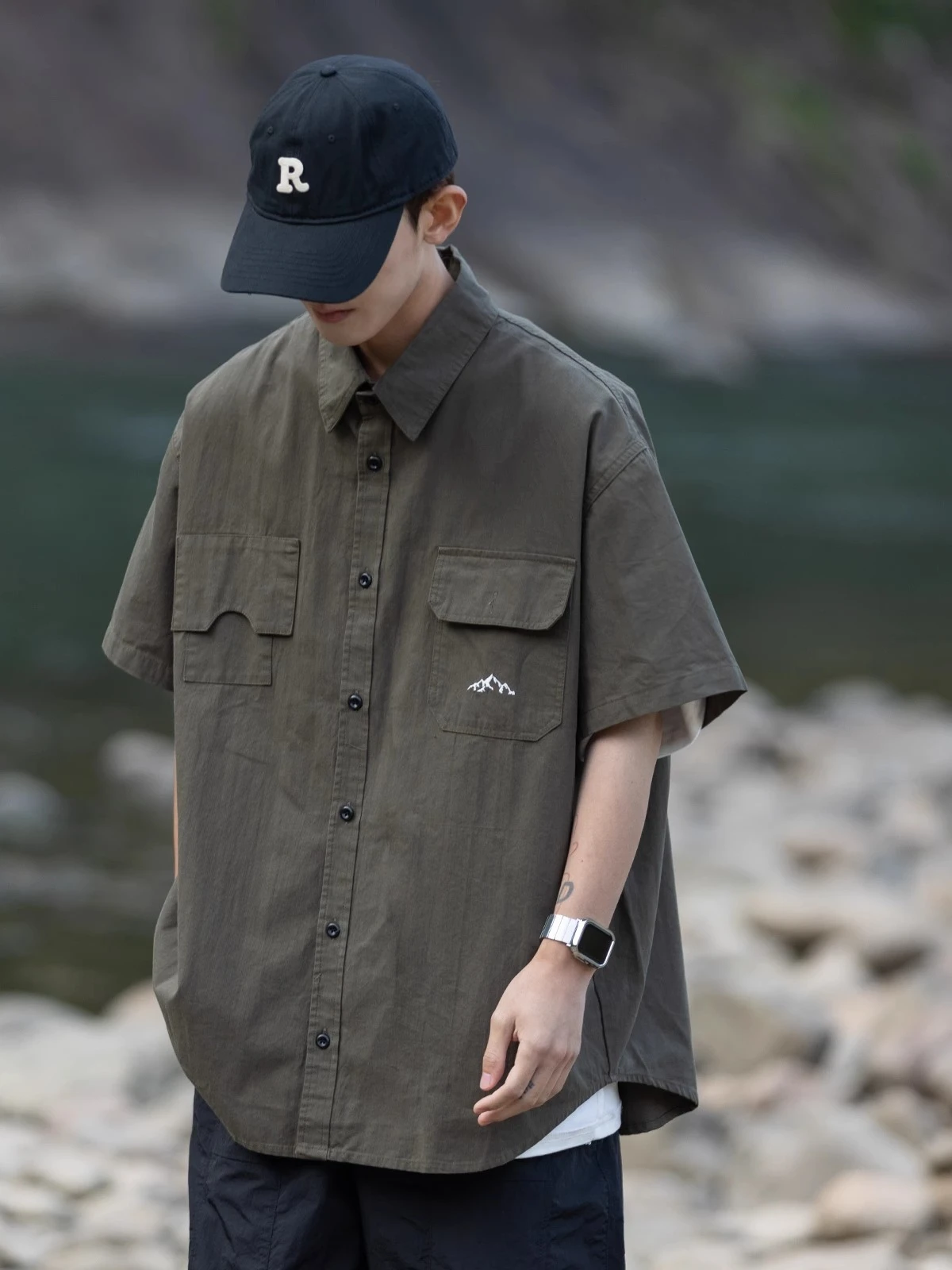 

Retro Japanese Sle Casual ort Sve Workwear irt ex Loose Fit Trendy Brand Outerwear with Irregular ket for Summer