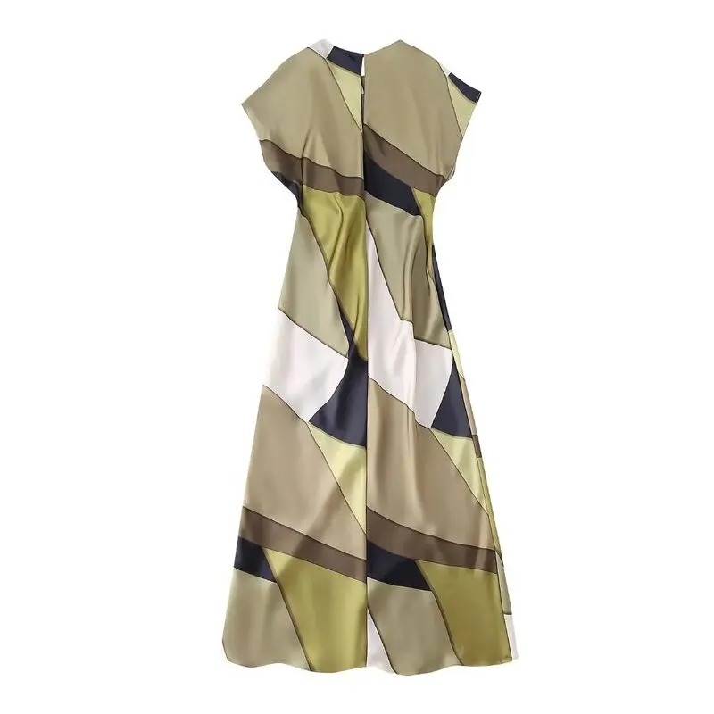 فستان صيفي 2024 أنيق بقصة ضيقة وأكمام قصيرة من الحرير الساتان المطبوع بطول متوسط، تصميم عصري لموسم الربيع بدون أكمام وياقة مس...