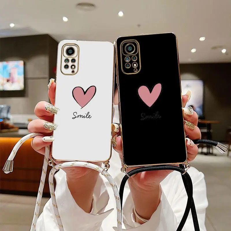 

A Pink Heart Crossbody Lanyard Silicone Phone Case For Xiaomi Redmi Note 11 Pro 10 Pro 10 12 11S 9 10A 10C 9C 9A 9T Cover