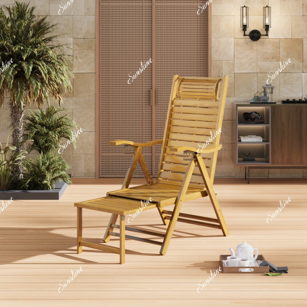 

Bamboo Foldable Recliner Lounge Chair with Retractable Footrest Outdoor