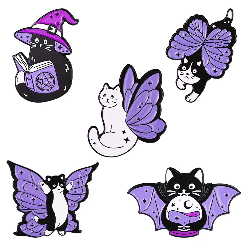 Cartoon Halloween Purple Magic Cat Wizard Hat Enamel Pin Cute black loving cat animal Brooches Lapel Badges Jewelry Gifts
