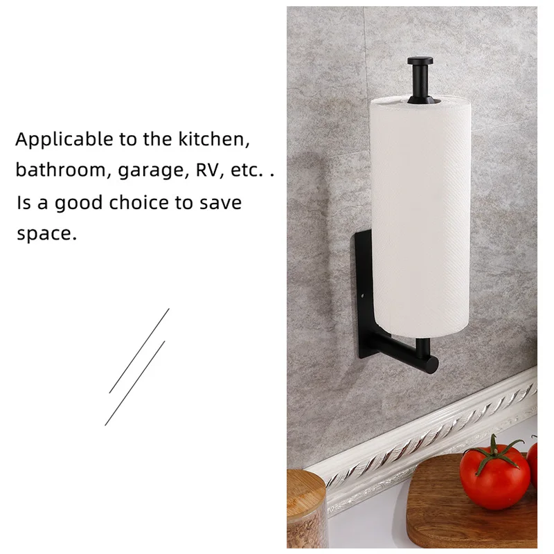 Stainless Steel Kitchen Paper Towel Holder with Damping, Black Roll Paper Rack & Film Dispenser - No Drilling Required