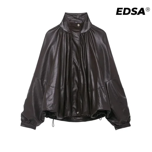 Imagen 2 del producto EDSA, chaqueta Bomber de cuero PU para mujer, abrigo para primavera y otoño, abrigo femenino con cremallera lateral, prendas de vestir exteriores