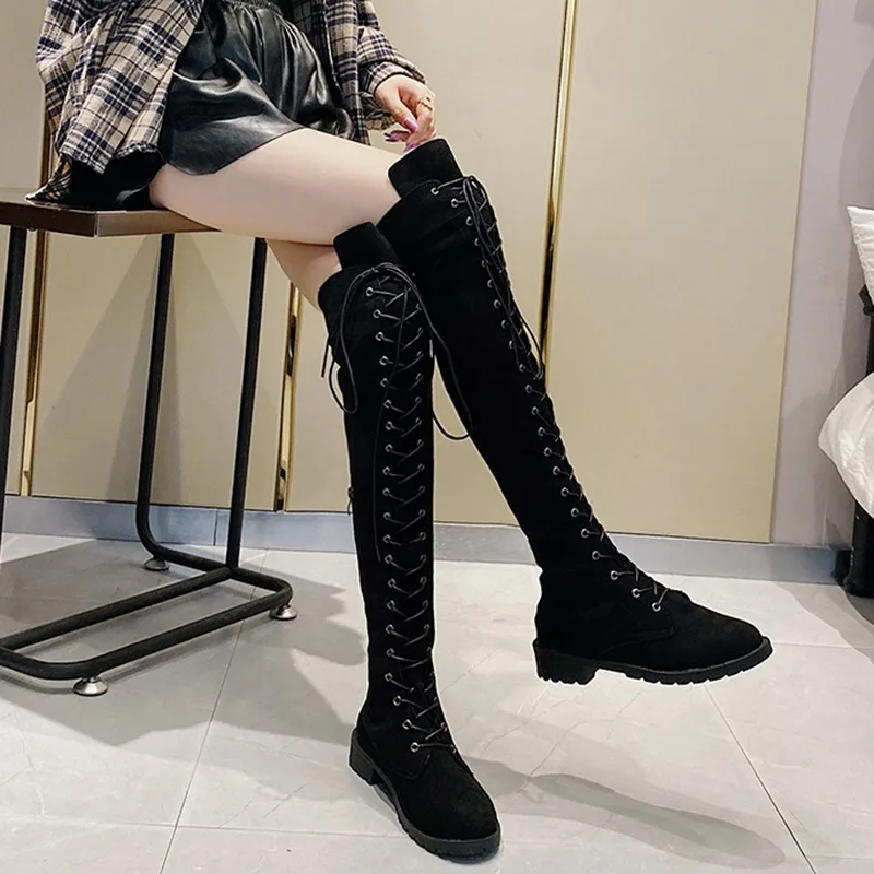 Comemore Casual Women's Boots Low Heels Flock Over Knee Boots for Woman New Cross Strap Lace Up Fashion Female Thigh High Boots