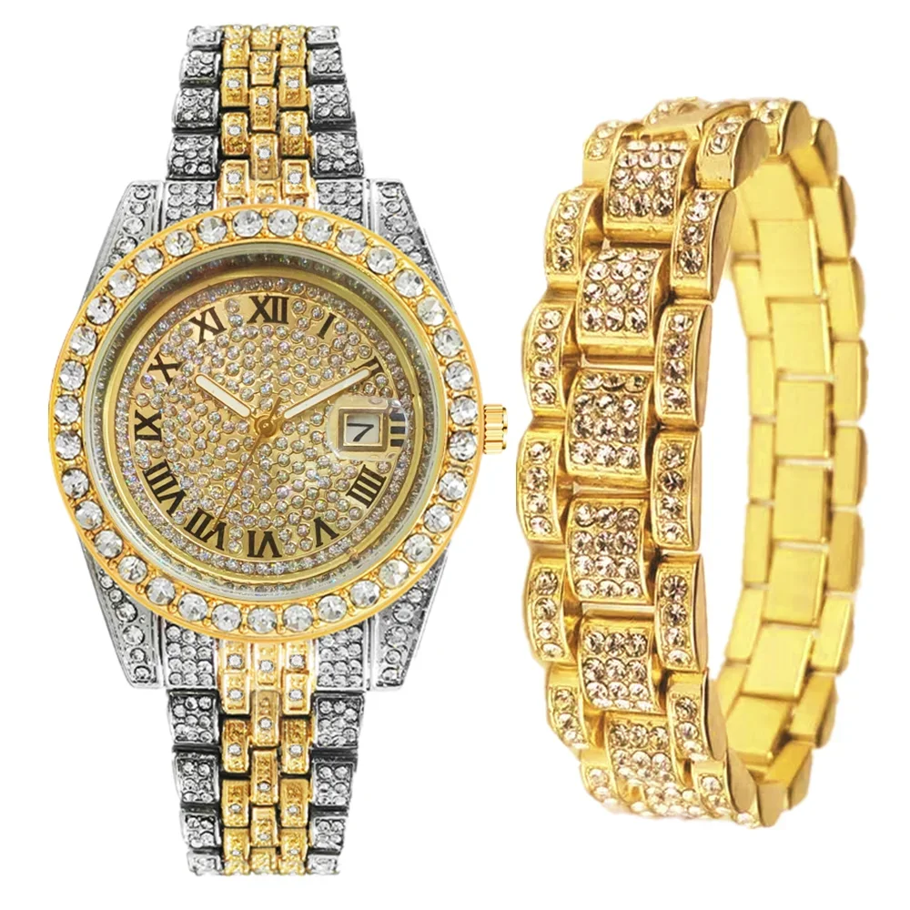 2pcs Top Brand Full Iced Out Watches Mens Bracelet Bling Jewelry Male Golden Diamond Hip Hop Wristwatch Set Clocks Gifts Reloj