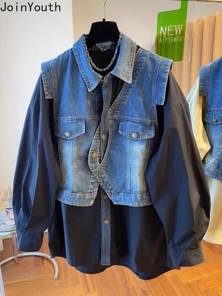 Fashion Blouse for Women Patchwork Denim Fake Two Shirts 2023 Blusas Mujer De Moda Casual Fashion Korean Oversized Y2k Tops