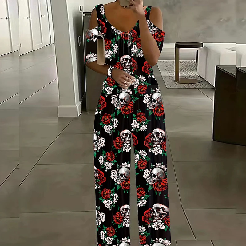 Vintage Pattern Printed V-neck Office Long Jumpsuits Sexy Hollow Shoulder Wide Leg Rompers Women Casual High Waist Combinations