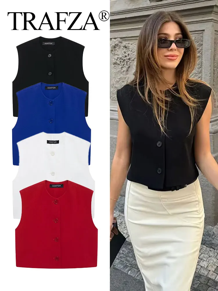 TRAFZA 2024 Women\'s Elegant Vest Tops 4 Colors Solid Color Sleeveless Round Neck Single Breasted Cropped Vest Vintage Tops