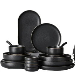 Matte Frosted Gilt Rim Black Porcelain Dinner Plate Set Kitchen Plate Ceramic Tableware Food Dishes Rice Salad Noodles Bowl