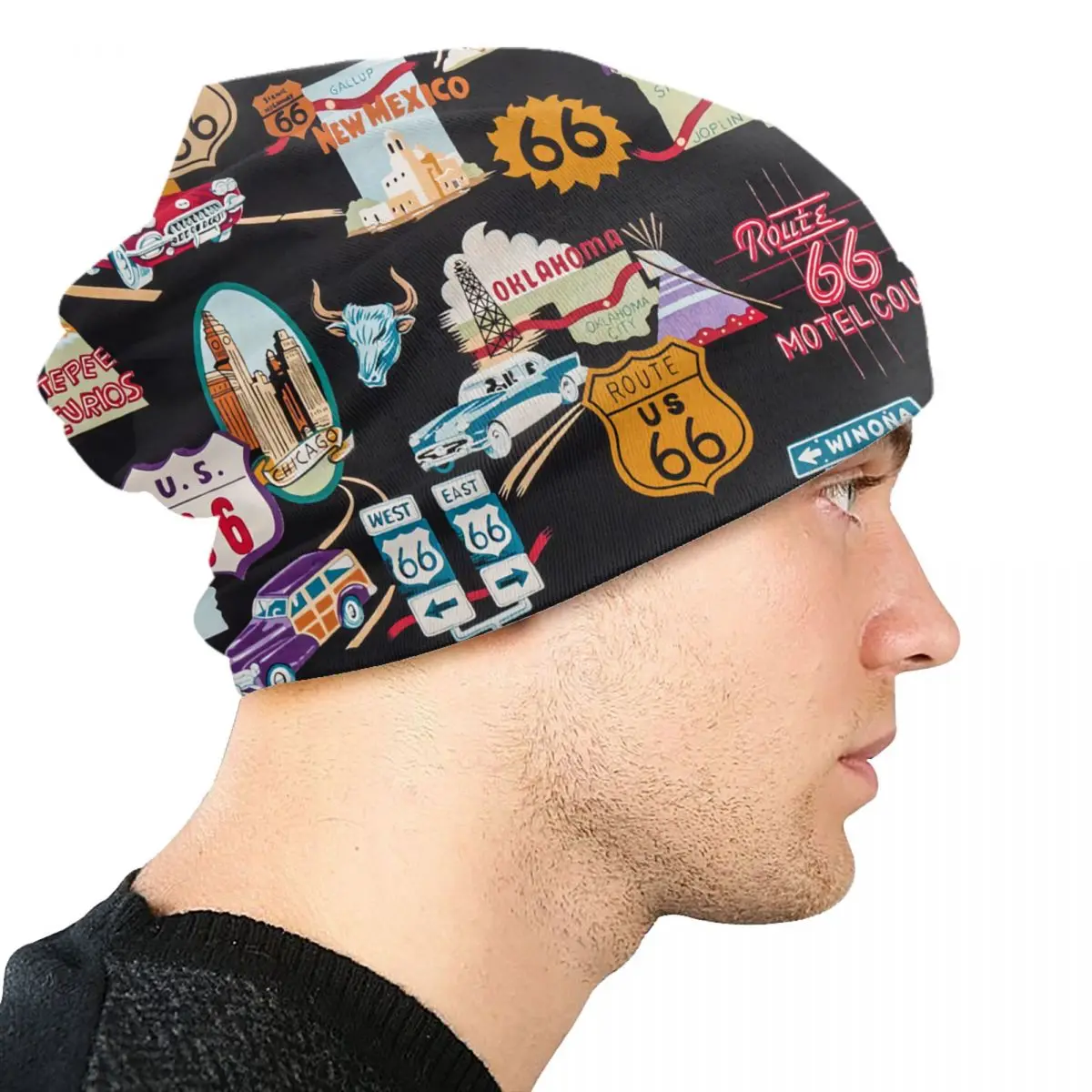 Vintage Route 66 Skullies Beanies Caps For Men Women Unisex Outdoor Winter Warm Knitted Hat Adult America Road Map Bonnet Hats