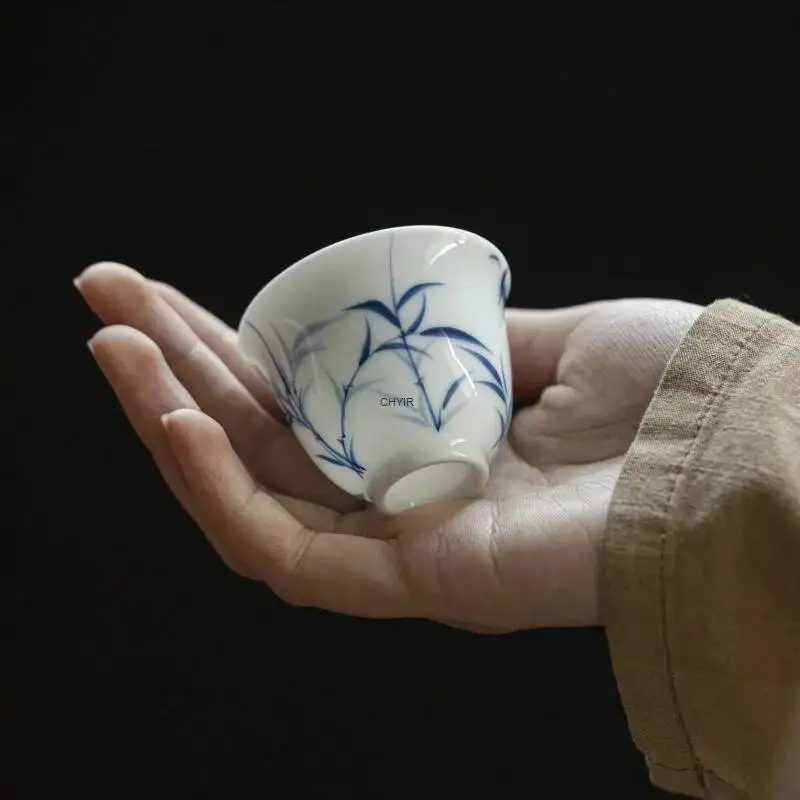 

Нефритовая грязевая белая фарфоровая бамбуковая чашка для чая с ручной росписью, керамическая чашка для чая, одна чашка для кунг-фу