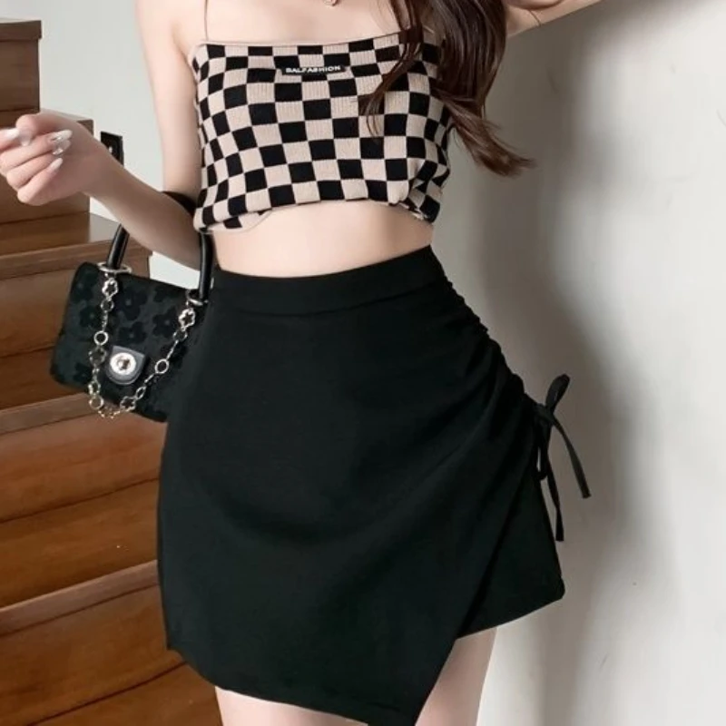

Mini Black Skirts Women Irregular Summer Sexy Hotsweet Shirring Designed Chic Streetwear Hip Hop Cool Personality Pure Faldas