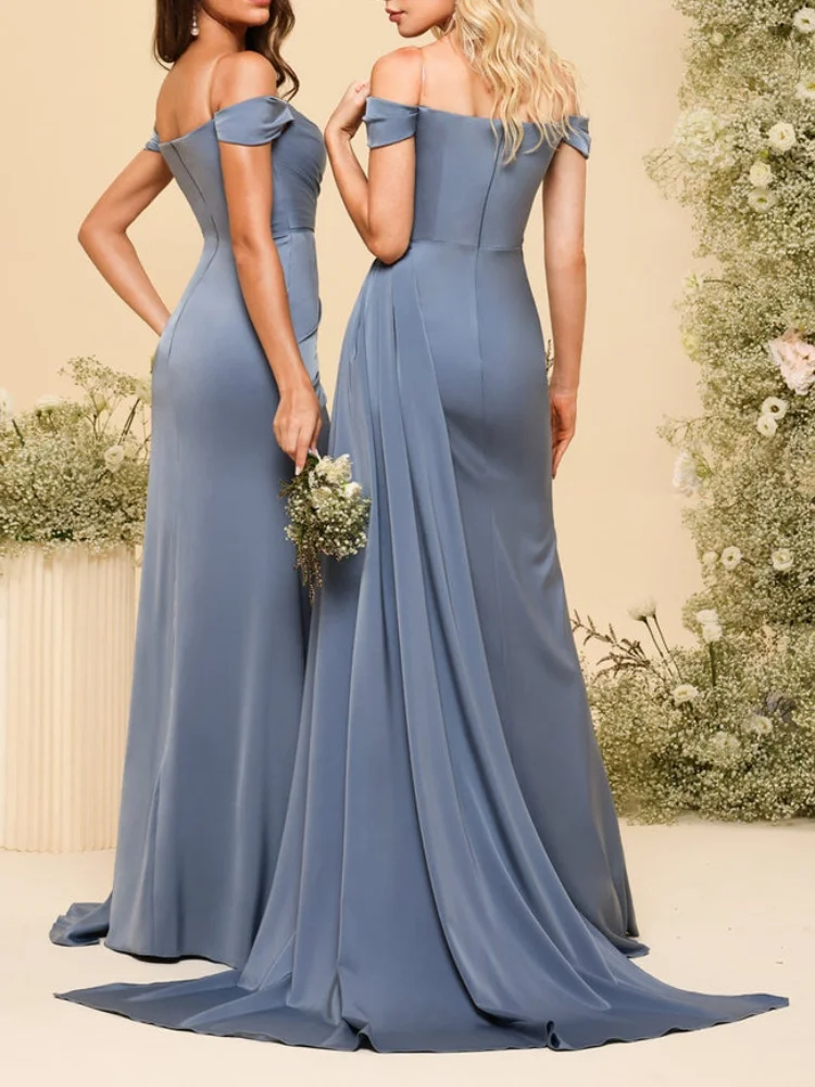 Satin Teal Off Shoulder Zipper Bridesmaid Dresses for Wedding Party High Slit Cross Ruched Backless Sexy Bodycon Evening Gowns