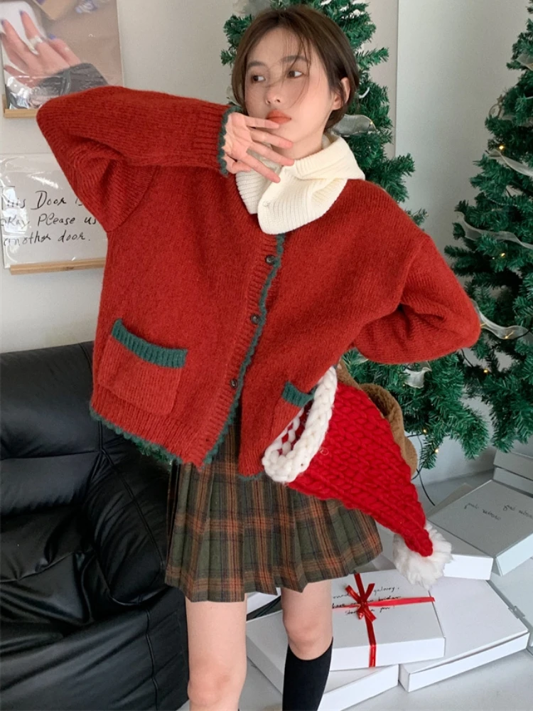 Retro Cardigan Women Panelled Design Loose Daily Stylish Leisure Simple Spring Sweater Pockets Warm Korean Style Students Sweet